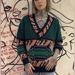 Vintage 90s John Henry Wool Blend Aztec South Western Knit V Neck Sweater